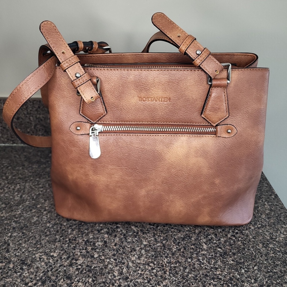 Bostanten Cognac Brown Vegan Leather Tote Shoulder Bag‎ Zip Top Handbag